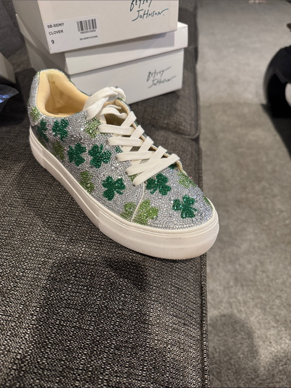 Betsey Johnson Silver Glitter Sneaker with Green Clover Accents